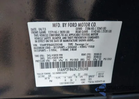 2013 Ford Taurus Limited из США, поврежденный, VIN 1FAHP2F86DG220348